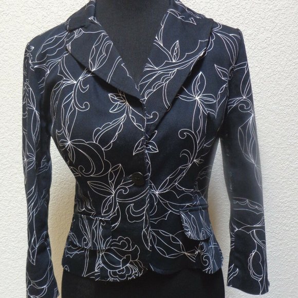 BLACK WHITE COTTON STRETCH BLAZER SZ 6 - Picture 1 of 4
